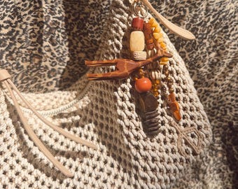 Brown & Red Earth Tones Beaded Bag Charm with Giraffe | Handmade Boho Accessory | Wooden Giraffe Charm