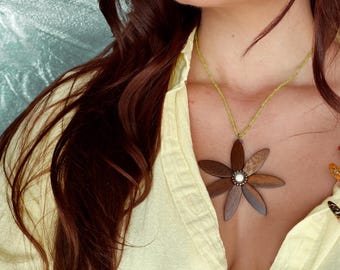 Fun Statement Necklace: Wooden Flower Pendant, Glass Bead