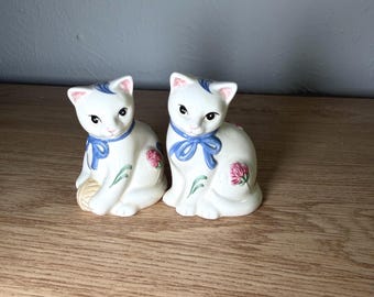 Vintage Lenox Cat Salt & Pepper Shakers | Porcelain Kitty Pair | Blue Bow Pink Floral Cats | Cottagecore Kitchen Decor | Barnyard Retired