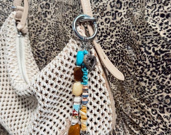 Turquoise & Brown Beaded Bag Charm | Handmade Boho Accessory | Silver Heart Charm