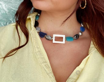 Silver and Blue Beaded Necklace: Shell, Sea Glass, Glass Bead