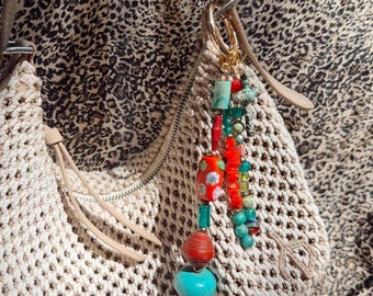 Turquoise Beaded Bag Charm | Green & Blue Statement Purse Charm | Handmade Boho Accessory, Cross Charm