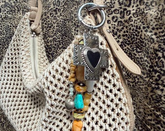 Turquoise & Orange Beaded Bag Charm | Large Silver Heart Cross Charm | Handmade Boho Accessory