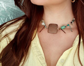 Fun Statement Handmade Necklace: Brown and Turquoise Wooden Pendant, Glass Bead, Gemstones