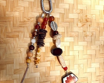 Brown & Red Earth Tones Beaded Bag Charm | Handmade Boho Accessory | Silver Drop Charm
