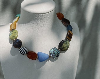 Chunky Gemstone Choker: Tiger's Eye, Agate, Sea Glass