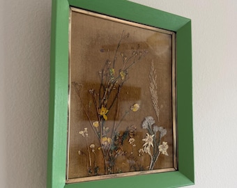 Vintage Pressed Flower Art | Green Frame Botanical Shadow Box, Nature Decor