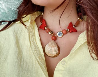 Chunky Statement Handmade Necklace: Red Black and Gold, Butterflies, Seashells Gemstones