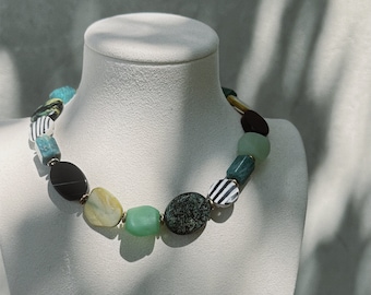 Chunky Beaded Choker: Sea Glass, Agate, Turquoise