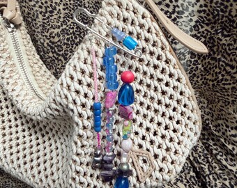 Blue & Pink Beaded Bag Charm | Handmade Boho Accessory | Silver Safety Pin Charm