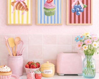 French Cottage Kitchen Prints | Croissant, Berries, Cupcake (Digital Download)