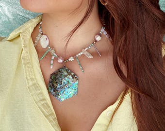 Abalone Shell Statement Handmade Necklace: Turquoise, Shell, Summer Jewelry