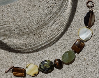 Mixed Stone Beaded Bracelet: Tiger's Eye, Agate, Sea Glass