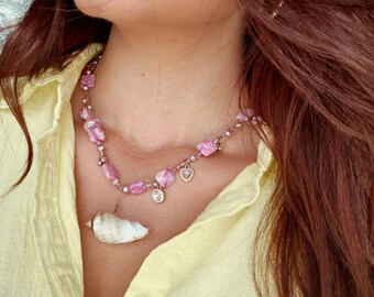 Pink Beaded Necklace: Sea Shell, Gemstone, Glass Bead