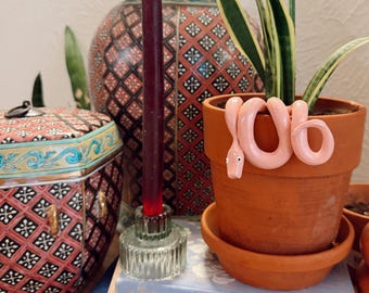 Pink Snake Plant Pot Decoration, Handmade Plant Accessory, Polymer Clay Snake, Whimsical Plant Decor, Cute Gift for Plant Lover