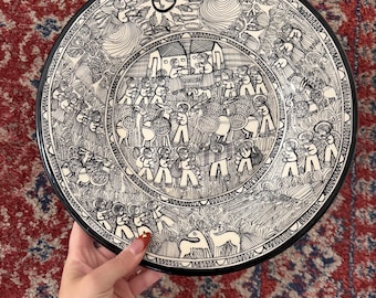 Mexican Folk Art Story Plate | Xalitla Style Narrative Pottery | Black & White Clay Wall Plate | Vintage Mexican Wall Decor