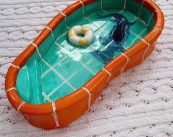 Swimming Pool Trinket Dish, Handmade Jewelry Tray, Miniature Pool Decor, Funky Catchall Dish, Whimsical Summer Home Decor