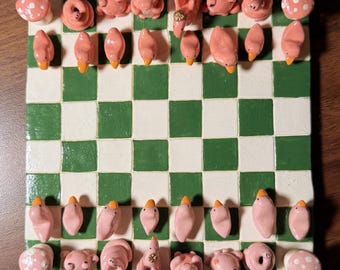 Handmade Animal Chess Set | Whimsical Clay Chess Pieces | Pink & Green Checkerboard | One of a Kind Chess Board | Funky Home Decor
