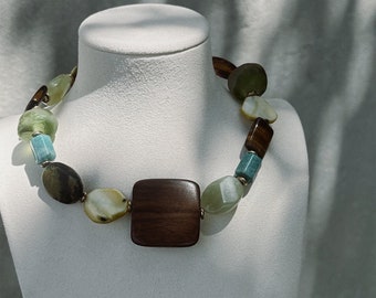 Chunky Beaded Choker, Sea Glass & Tiger's Eye