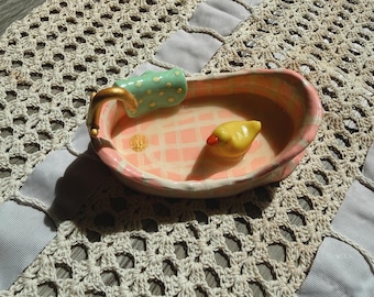 Handmade Duck Ring Dish | Baby Pink or Salmon Pink Clay Trinket Tray, Jewelry Holder