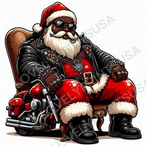 African American Santa Claus, Black Santa Png, African Santa Png, Melanin Santa PNG, Christmas, Tough Santa, Christmas Biker Santa Claus