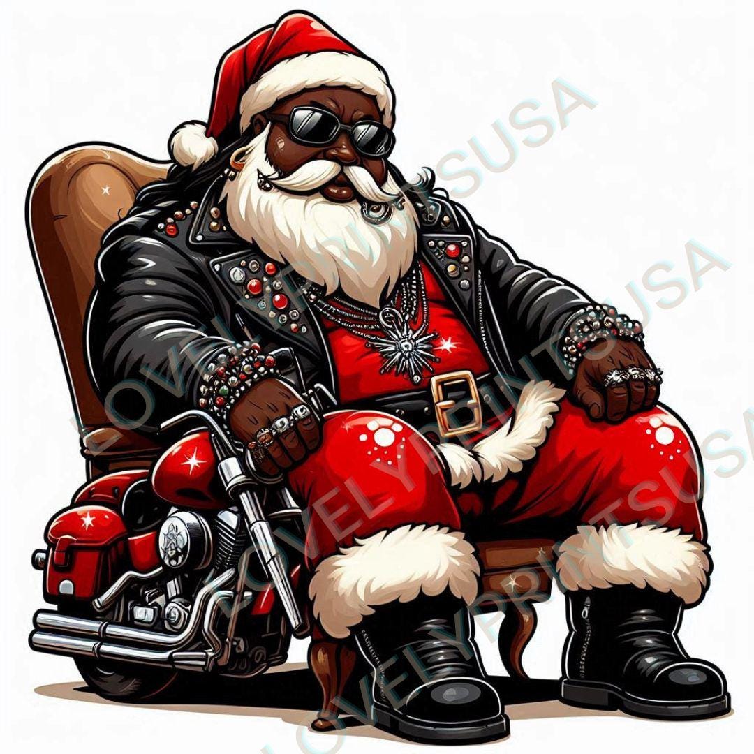 Afro-Amerikaanse kerstman, zwarte kerstman png, Afrikaanse kerstman png, melanine kerstman png, Kerstmis, stoere kerstman, kerstman motorrijder