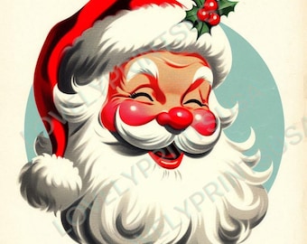 Vintage kerstman met roze wangen png, vintage afdrukbare kerstkaart jaren 1950, rode kerstman, kerstwenskaart, digitale download png