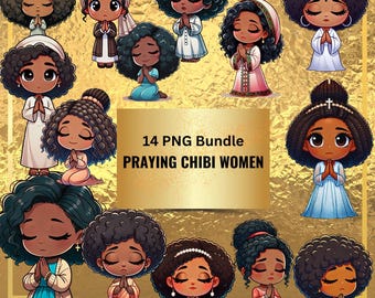 Praying Chibi Women PNG Clipart, African American Images (Digital Download)