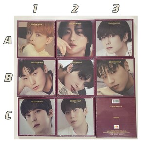 Peut inclure: Neuf cartes photo représentant un groupe de garçons de K-pop. Les cartes sont disposées en trois rangées de trois. Chaque carte présente un membre différent du groupe. Les cartes sont toutes de la même taille et de la même forme. Les cartes sont toutes de couleur bordeaux avec des lettres dorées. Le texte sur les cartes indique "Golden Hour Part 1".