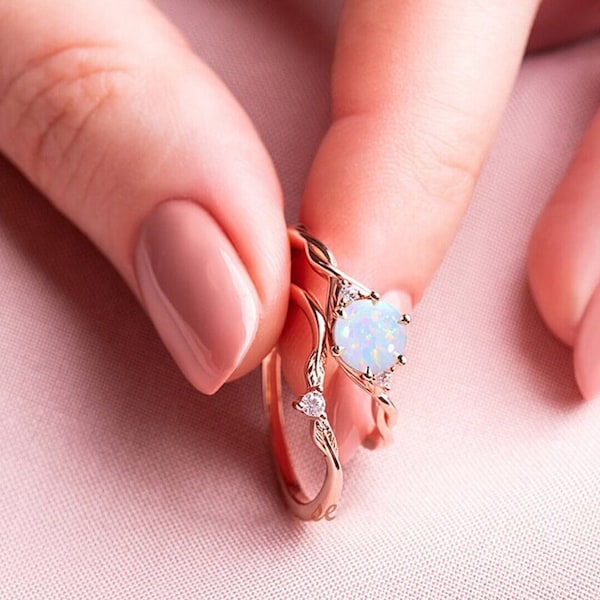 Vintage White Opal Engagement Ring Set,  Rose Gold, Ring Set, Vintage Opal Ring, Proposal Ring, Opal Ring, 925 Silver, Bridal Ring