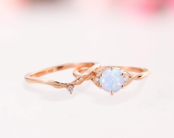 White Opal Engagement Ring Set,  Moissanite Engagement Band, 925 Silver, Rose Gold Finish, Opal Ring, Bridal Ring Set