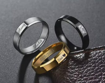 Anillo de acero inoxidable con grabado personalizado: Banda con nombre personalizado, dorado, plateado y negro