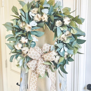 Year Round Eucalyptus Lamb’s Ear Wreath with Fur Cotton, Rustic Farmhouse Wreath, Lamb’s Ear Eucalyptus Wreath, Spring Summer Wreaths, Gifts