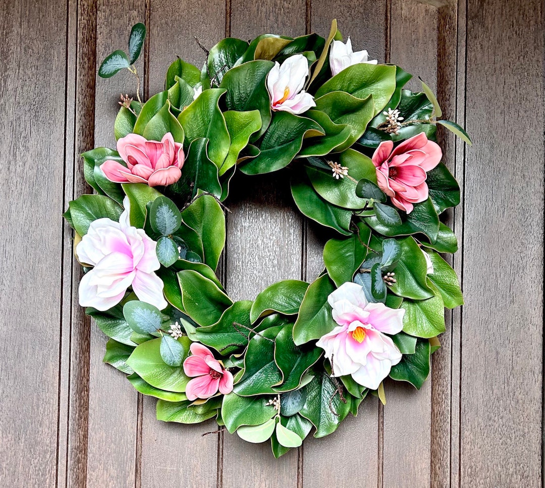 Summer Magnolia Wreath for Front Door, Pink and White Magnolias