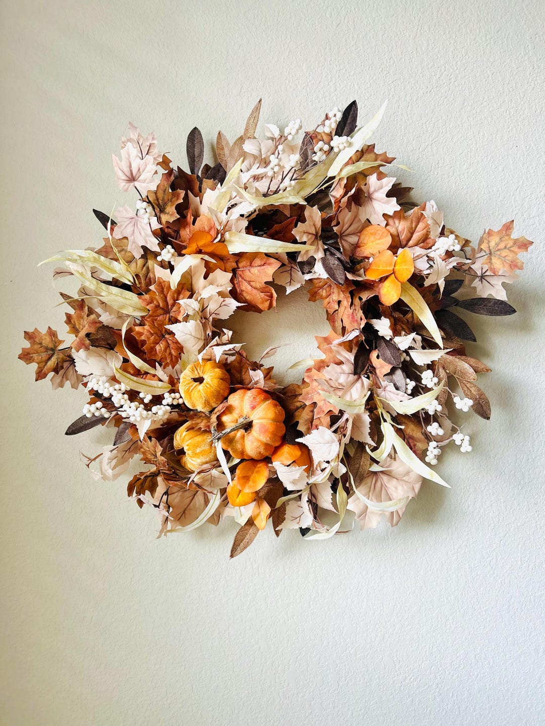 Large Neutral Fall Wreath for Front Door With Pumpkins, Beige and Brown ...