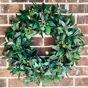 Year Round Greenery Wreath: Eucalyptus and Olive Stems, Country Farmhouse Door Wreath,