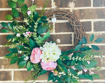 Spring Wreath for front door with peonies, Spring wreath with hydrangea, Pink Peony Wreath, door decor, Hydrangea Wreath, summer wreath,