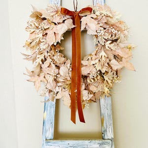 Elegant Neutral Cascading Fall Wreath for Door, Beige and Cream Maple Leaves Wreath with white berries, Boho Style Wreath with pampas grass,
