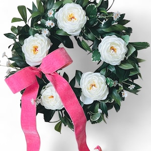 Traditional Green and White Floral Wreath with pink ribbon, Front Door Summer Wreath, Modern Year Round Wreath, Everyday Simple Wreath, Gift