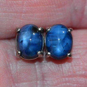 Certified Star Sapphire Earrings 4.71 Carat Studs, Real Genuine Natural Blue September Birthstone Sterling Silver Cabochon Jewelry S25