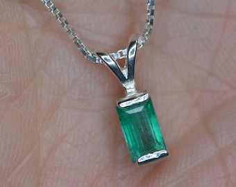 Op de afbeelding: Een zilveren ketting met een hanger met een rechthoekige smaragdgroene edelsteen.