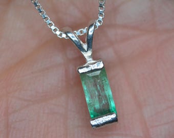 Op de afbeelding: Een zilveren ketting met een hanger met een rechthoekige smaragdgroene edelsteen.