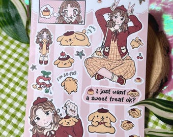 Hoja de pegatinas de PomPom Pudding Girl - Vinilo mate tamaño A6