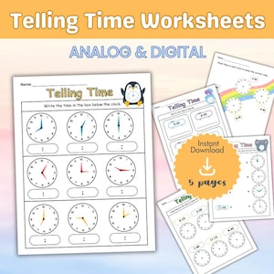 May include: A printable worksheet set for teaching children how to tell time. The worksheets feature analog clocks with hands and digital clocks with numbers. The worksheets are designed for children to practice telling time in both analog and digital formats. The worksheets are black and white and feature a penguin, a koala, and a rainbow.