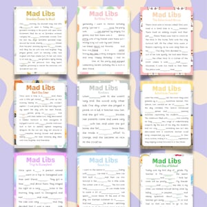 May include: A set of ten printable Mad Libs game cards with colorful backgrounds and whimsical illustrations. Each card features a different theme, such as "Grandma Comes to Visit", "Birthday Party", "The Determined Mouse", "Best Day Ever", "Kindness", "Substitute Teacher", "Trip to Disneyland", "Beach Day", and "First Day of School".