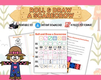 May include: A printable set of four pages in PDF format for a "Roll and Draw a Scarecrow" game. The game includes a die, a template for drawing a scarecrow, and instructions for playing the game. The game is designed to help children learn about scarecrows and how to draw them.