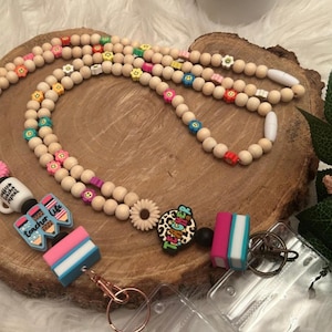Teacher Boho Lanyard I Work Teacher Lanyard I Coffee and Books ID Badge I Personalized Lanyard I Wood Lanyard I Smiley Face Flower Lanyard