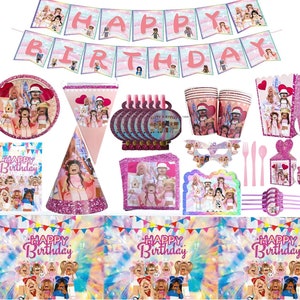 May include: A selection of pink and glittery birthday party decorations. Includes a banner saying "Happy Birthday", plates, cups, napkins, party hats, and other items. The party supplies feature cartoon characters.