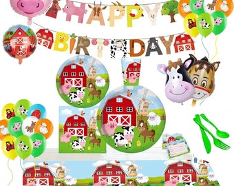 May include: A farm-themed birthday party set with balloons, plates, cups, and a banner that says "HAPPY BIRTHDAY." The set includes pig and cow balloons, and plates with farm animal and barnyard scenes. Green plastic utensils are also included.