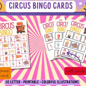 CIRCUS BINGO ACTIVITY, 30 different bingo cards for each child, super easy to print and use, fun for the whole family as well as party games